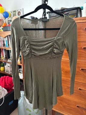 VENUS Olive Green Ruched Bust Long Sleeve Tunic